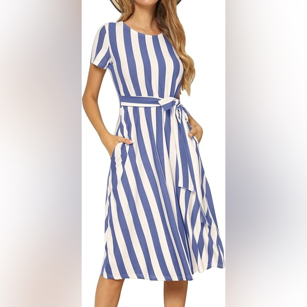 Blue and White Striped Midi Dress